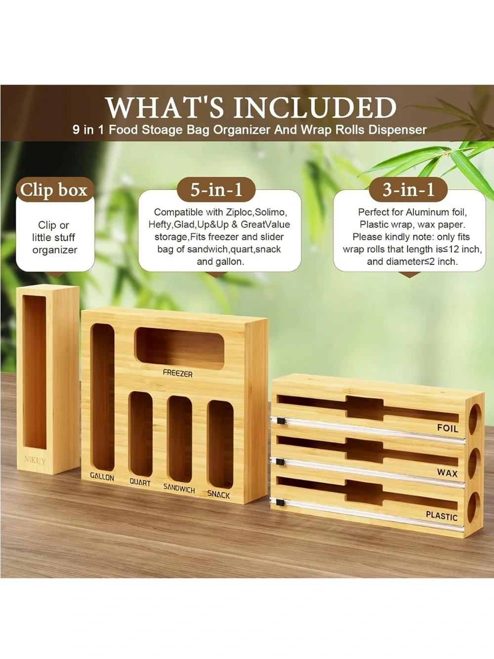 New Open Box 9 IN 1 Bamboo Foil and Plastic Wrap Organizer for Kitchen Drawer